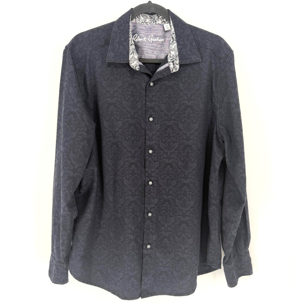 Robert Graham Button Down Shirt Paisley Damask Jacquard Large Black Classic Fit